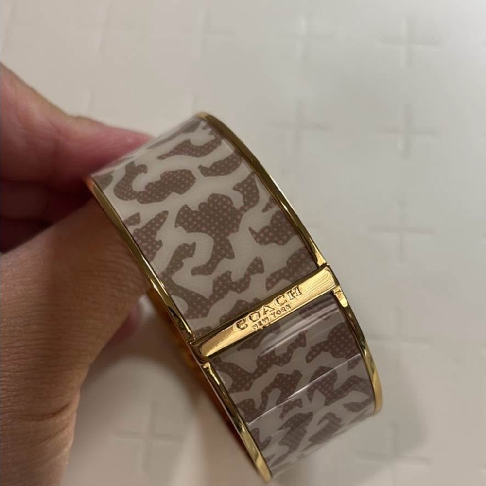 Coach Gold-Tone Beige and Brown Signature Cuff Bracelet